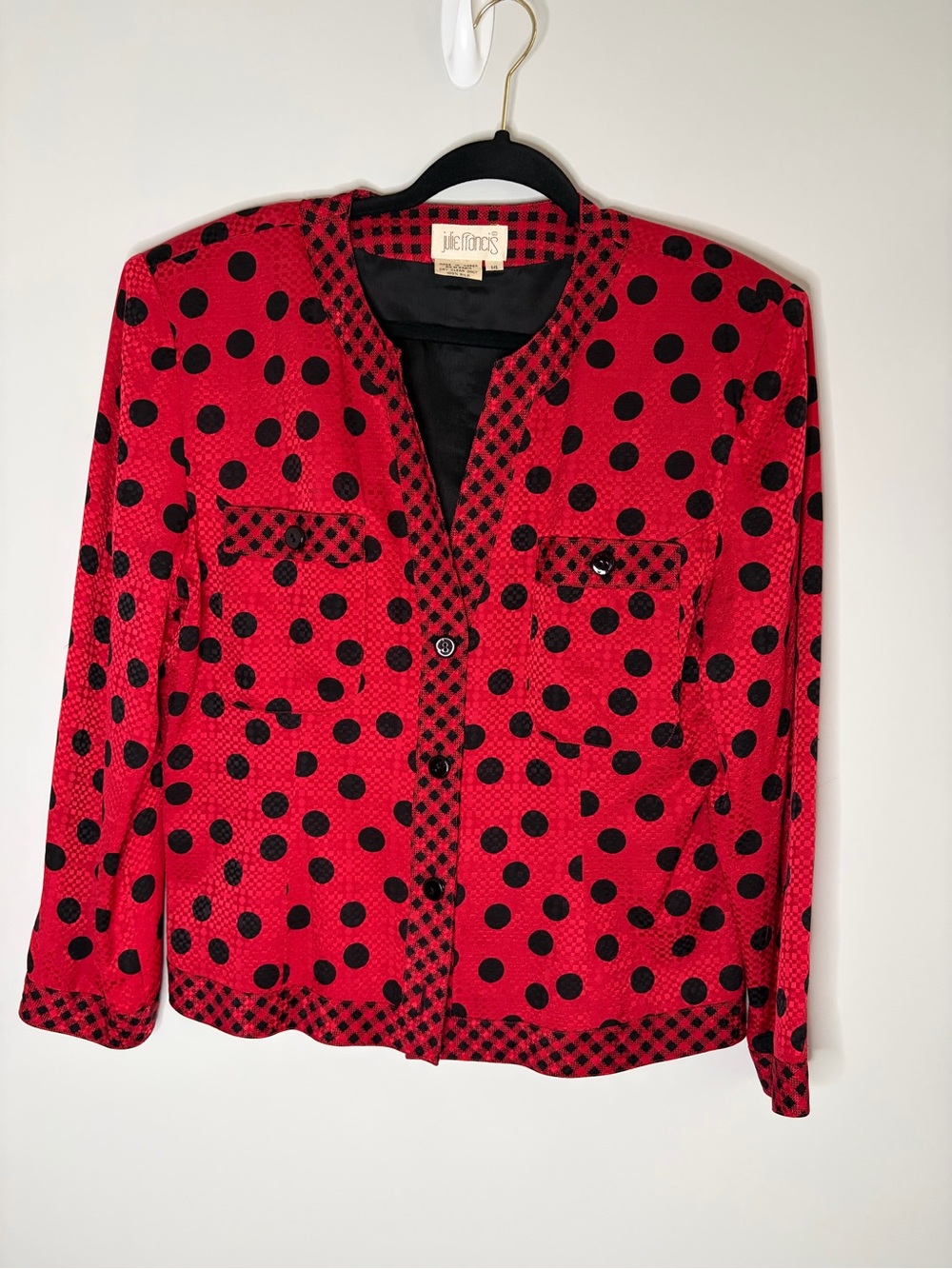 Vintage 80s Power Blazer Red and Black Polka Dot 100% Silk
